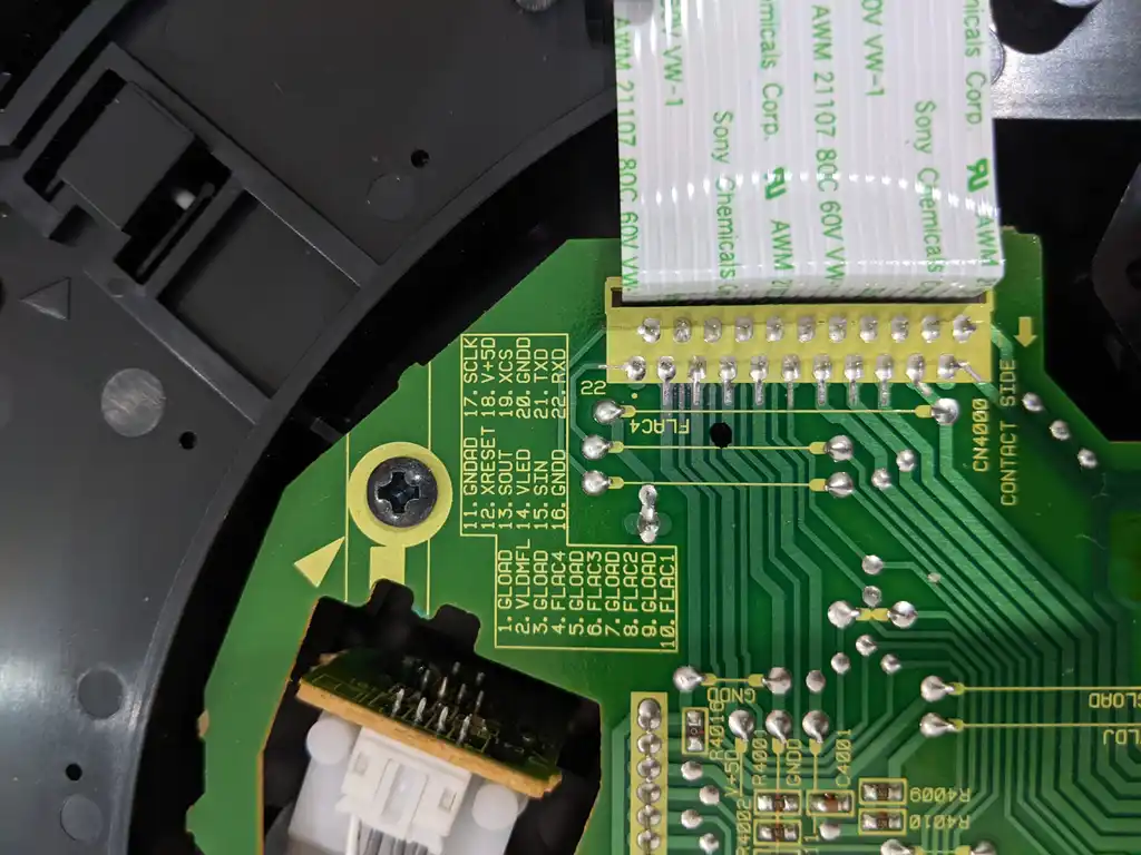 Close-up of connector CN4090 on the Pioneer DVJ-1000's board, with the flat-flex cable seated in it.