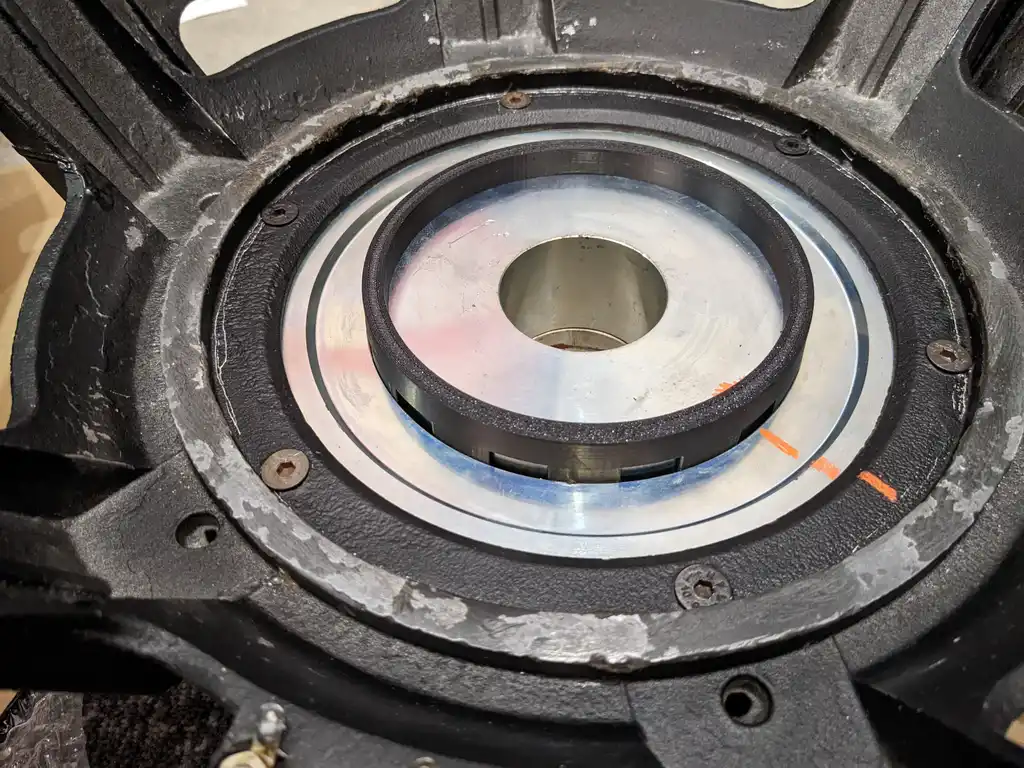 Looking down into the cleaned magnet gap of a Precision Devices PD186 driver, with the top plate and pole piece exposed.